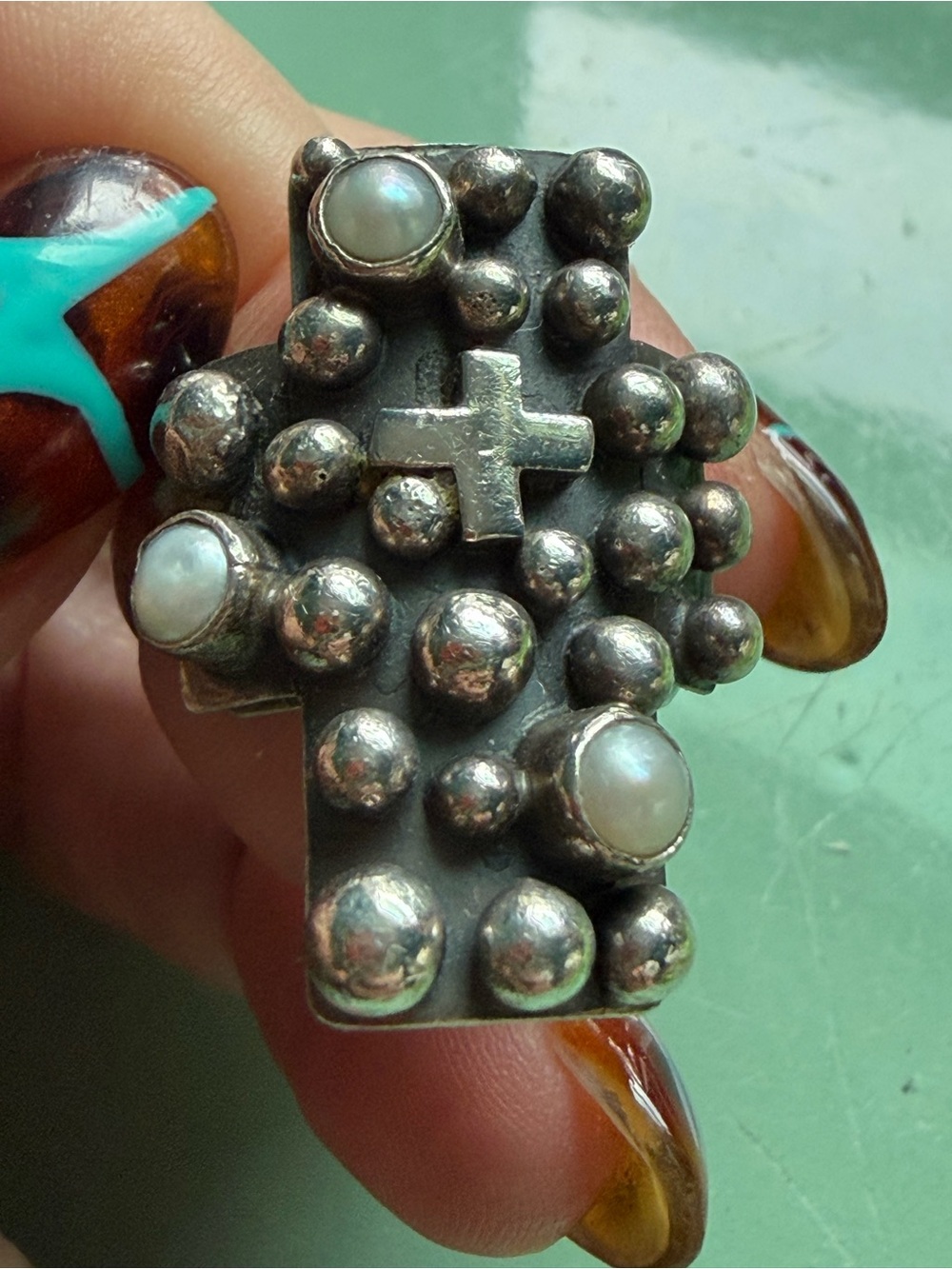 Navajo Nakai sterling silver and pearl cross ring. Size 8. - Picture 2 of 5